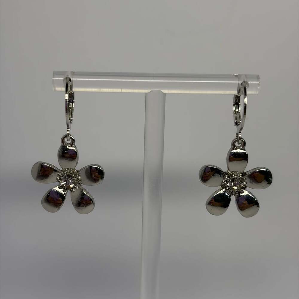 Stainless Steel Silver Tone Flower Lever Back Earrings with Rhinestone Center